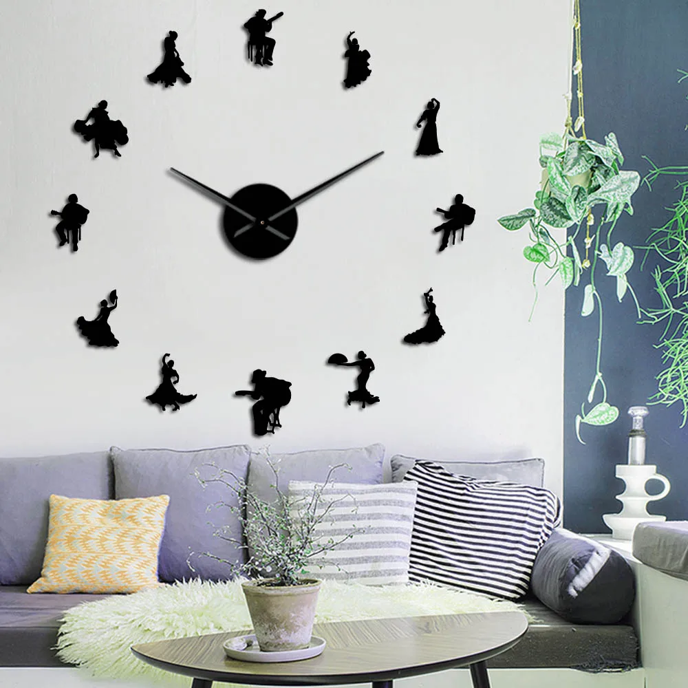 Flamenco Dancers Mirror Effect Big Time Wall Clock Spanish Dancer Silhouette Large Wall Watch Dance Studio Unique Wall Art Decor