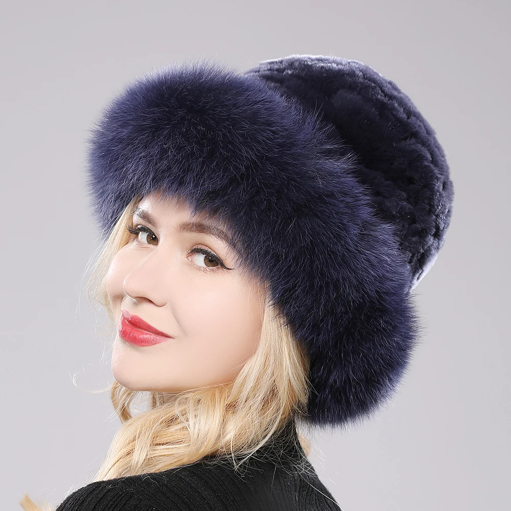 Luxury Women Winter Hat Real Rex Rabbit Fur Bomber Hats Lady Winter Genuine Fox Fur Cap Beanies Warm Soft Fluffy Natural Fur Hat