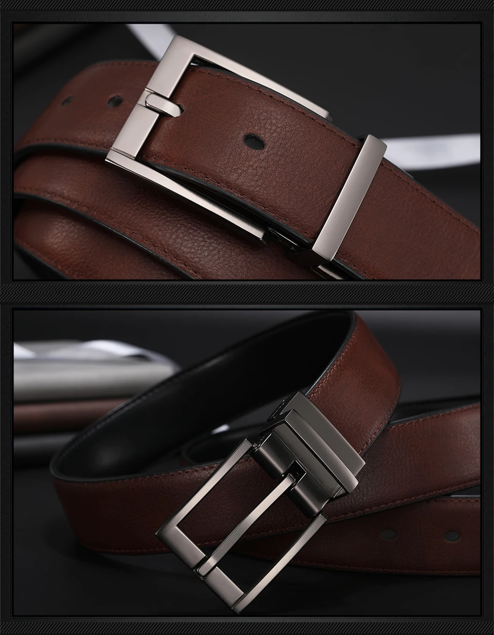 Wendegürtel aus echtem Leder für Herren, neuer Business-Kleidungsstil, braun und schwarz, wiederverwendbare Schnalle HQ110 – Detail 10