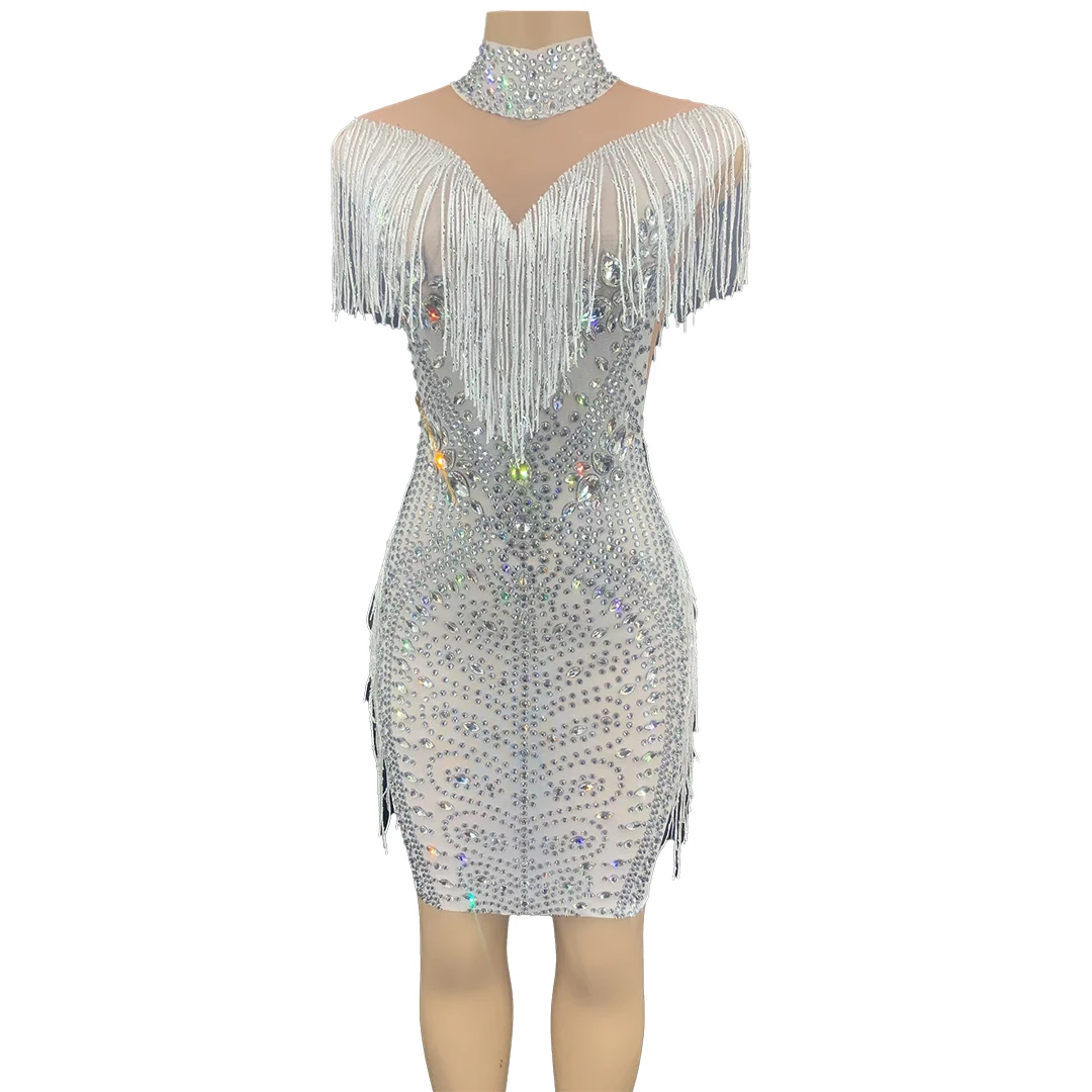 

Silver Rhinestone White Fringe Mini Dresses Birthday Party Celebrate Transparent Mesh Outfit Women Dancer Bar Prom Dress