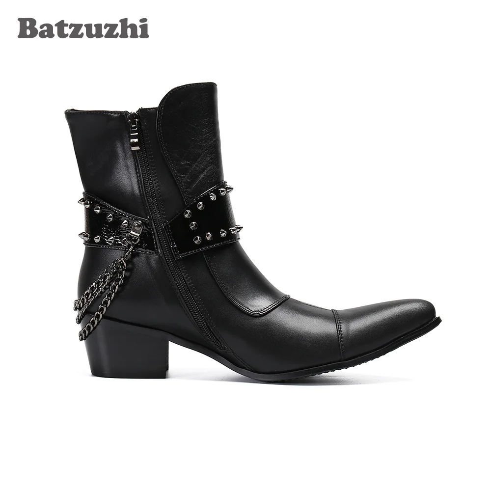 Batzuzhi Western Cowboy Boots Men Pointed Toe Leather Ankle Boots Men Buckles Chains Punk Motorcycle Botas Hombre,Big Sizes US12