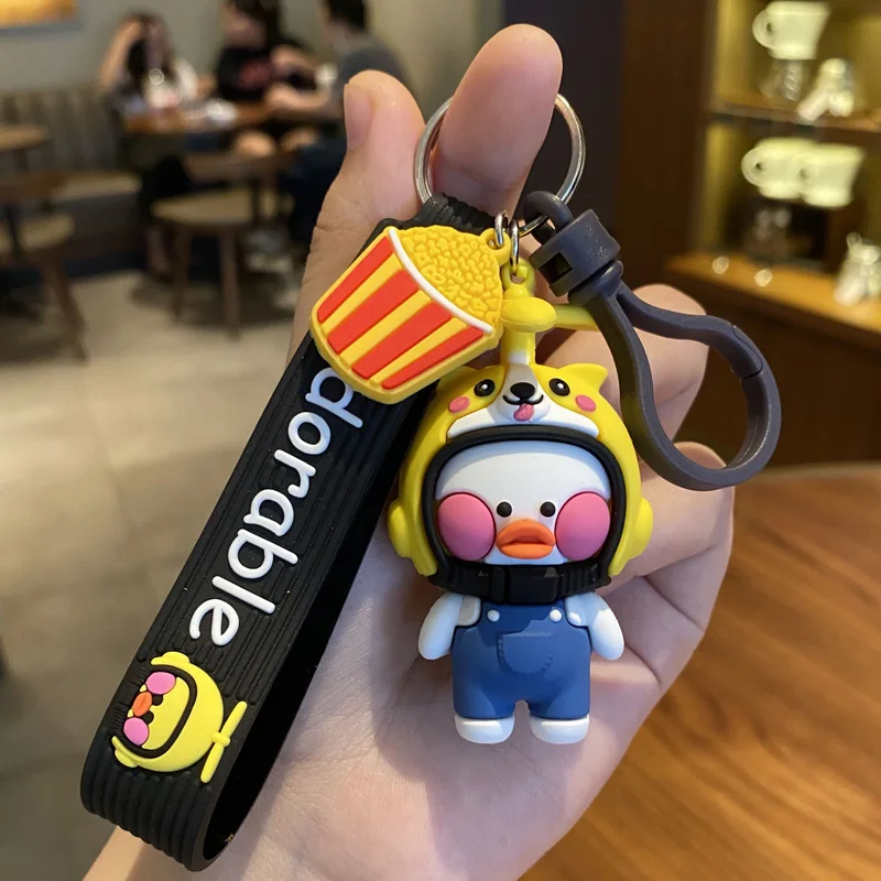 Cartoon Little Yellow Duck Keychain Bamboo Dragonfly Animal Helmet Car Keyring Schoolbag Pendant Cute Girl Boy Doll Lanyard Gift