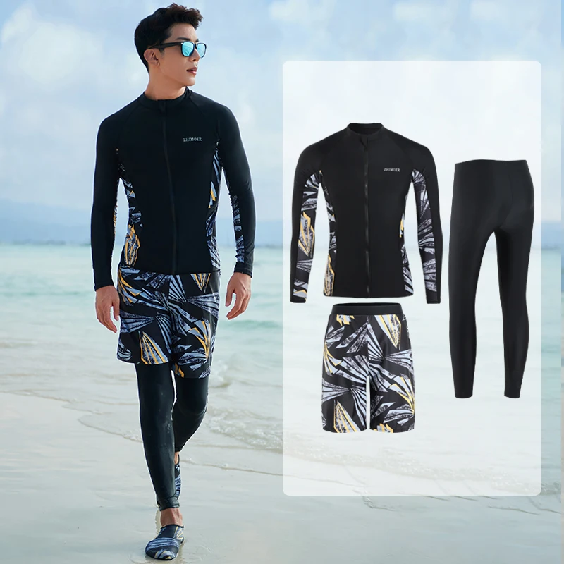 Long Sleeve Rash Guard Women Print 5 Pieces Swimsuit Zipper Swimwear Bathing Suits Surfing Pad Long Pant Couples Men 3 Pieces