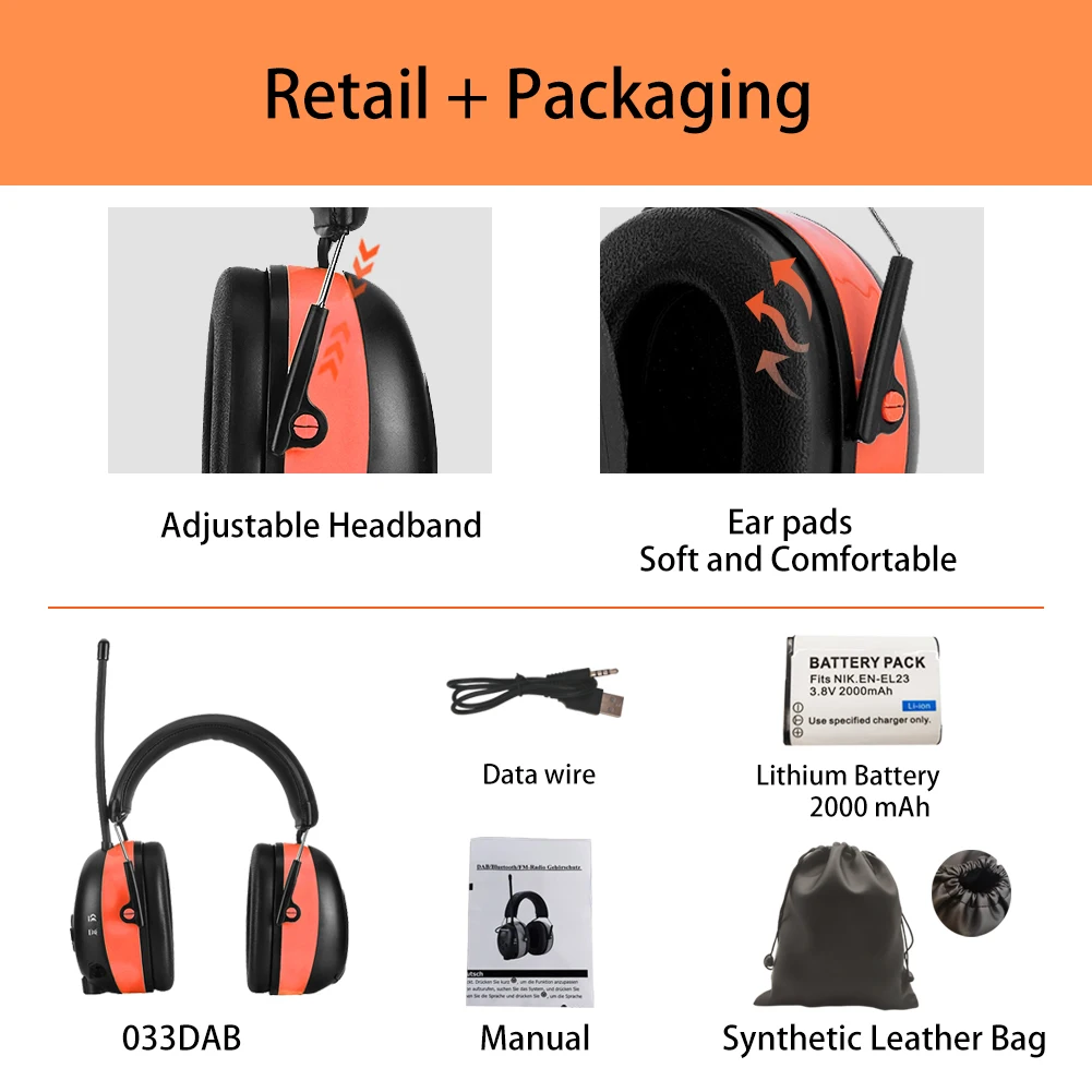 ZOHAN Electronic  Bluetooth 5.0 DAB/FM Radio Earmuffs With 2000 mA Rechargeable Battery For Weeding Noise Reduction Adjustable