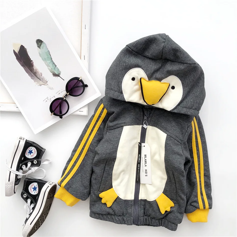 

Tonytaobaby New Autumn and Winter Clothes for Boys and Girls Cute Gray Penguin Animals Velvet Jackets Kids Jacket