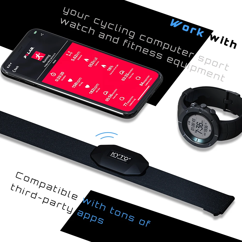 KYTO Heart Rate Monitor Chest Strap Bluetooth 4.0 ANT Fitness Sensor Compatible Belt Wahoo Polar Garmin Connected Outdoor Band