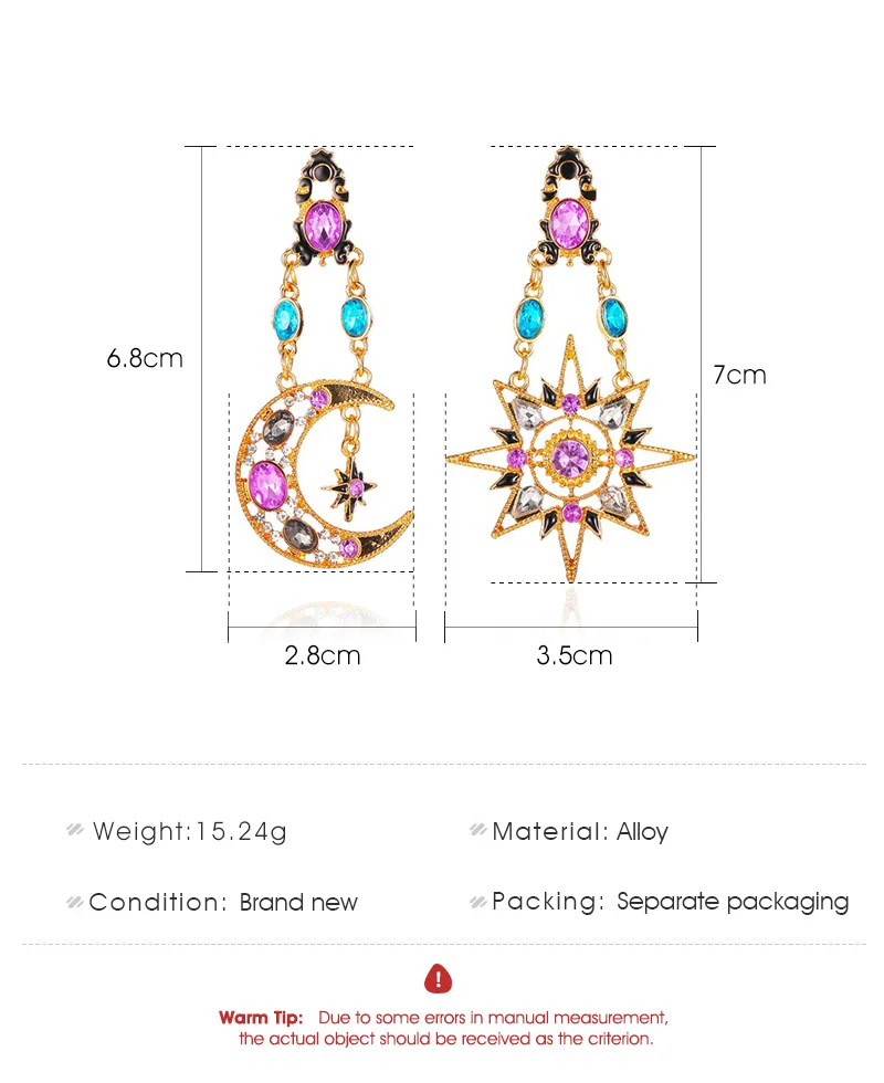 New Vintage Star Moon Asymmetric Long Dangle Earrings For Women Exaggerate Colorful Crystal Sun Earring Trend Party Jewelry Gift