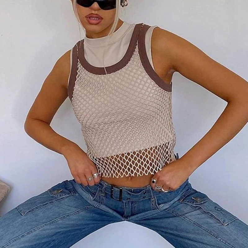 2023 New High Street Casual All-match Women Slim Stretch Top Crop Tops Chic Summer Fashion Casual Sexy Mesh Hollow Women's Vest