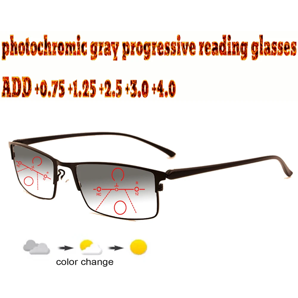 

Photochromic Gray Progressive Multifocal Reading Glasses Business Men Full Frame Comfort +1.0 +1.5 +1.75 +2.0 +2.5 +3 +3.5 +4