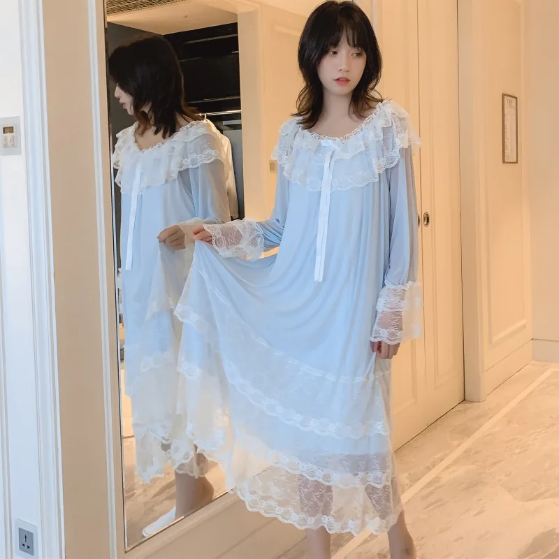 

Sweet Nighty Spring Summer women Loose Lace Long Sleepshirt Palace Style Ladies princess Nightdress Casual Homewear pijama