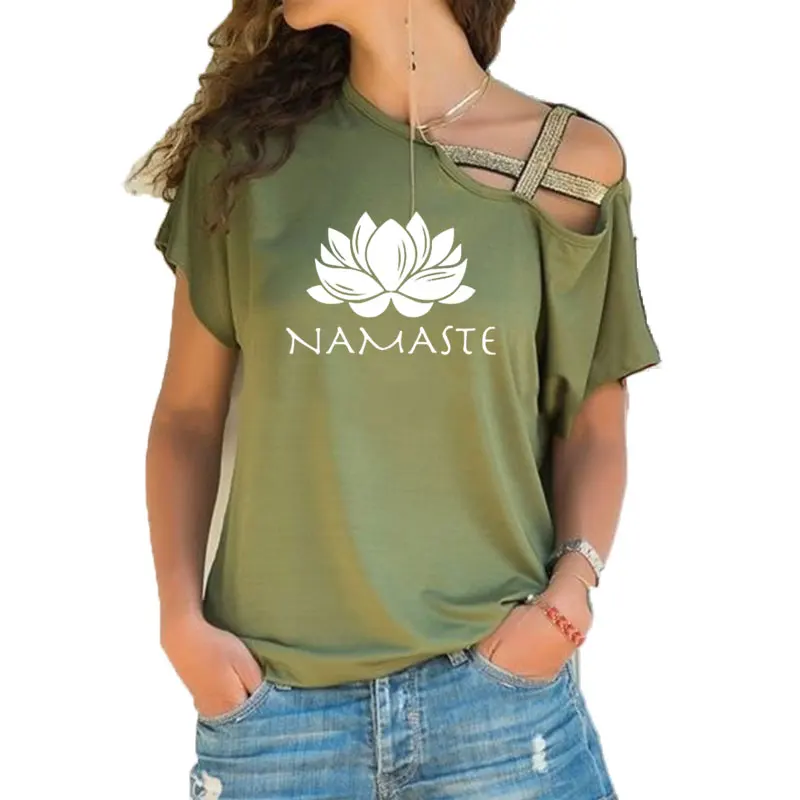 

2021 Women clothing Namaste Print Tee Fashion Women Top Short Sleeve Female tops clothing Irregular Skew Cross Bandage T shirt