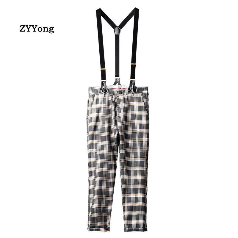 New Men's Bib Overalls Fashion Leisure Gray Lattice Suit Pants Large Size Gentleman Style Slim Jumpsuits Comfortable Trousers