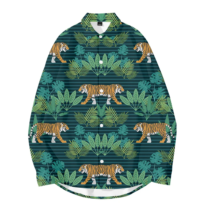 

LCFA 2021 New Fashion Comfortable Long Sleeve Shirt Solid Loose Male Leaf Tiger Animal Casual Shirt Hawaii Button Shirt XXS-6XL