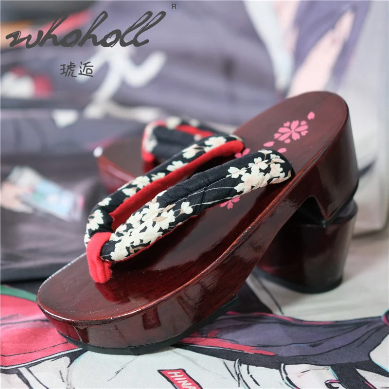 WHOHOLL Geta Japanese Clogs Women Slippers Flip Flops Wood Wedge Sandals Red Bottom Sakura Print Slippers cosplay shoes