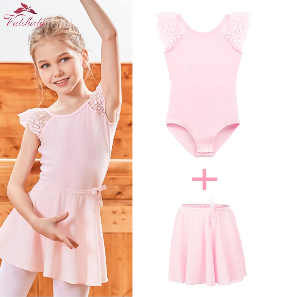 New Summer Kids Cotton Ballet Dance Dress Girls Bodysuit Dance Leotard Chiffon Skirt Flower Laces