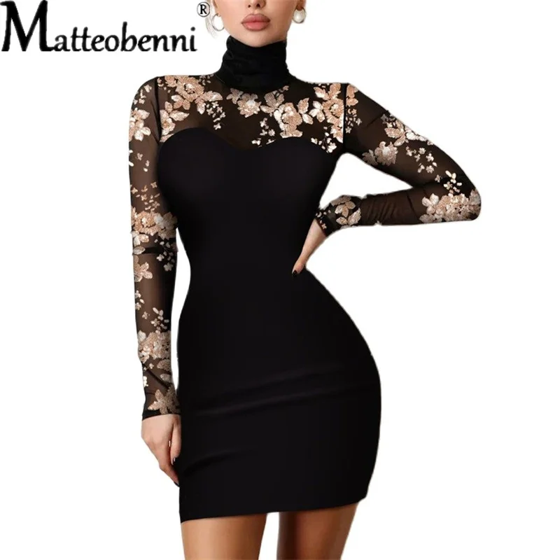 

Sexy Women Lace Sequins Black Party Dress 2022 Spring New Appliqued High Neck Sheer Long Sleeves Nightclub Mini Dresses Birthday