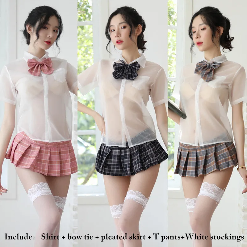 

Women Sexy Cosplay Student Uniform Sexy Transparent pleated shirt uniform Babydoll Miniskirt Outfit Exotic Costumes Student Gift