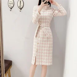 Bow Elegant Tweed Dress Women Stand Collar Slim Fit Plaid Dress New Autumn Long Sleeve Office Ladies Knee Length Split Dresses