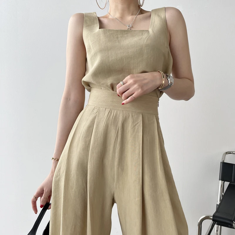 

Sexy Outfits for Woman Street 2 Piece Sets Womens Outfits Square Collar Sleeveless Vest Top Shirt + High Waist Wide-leg Pant