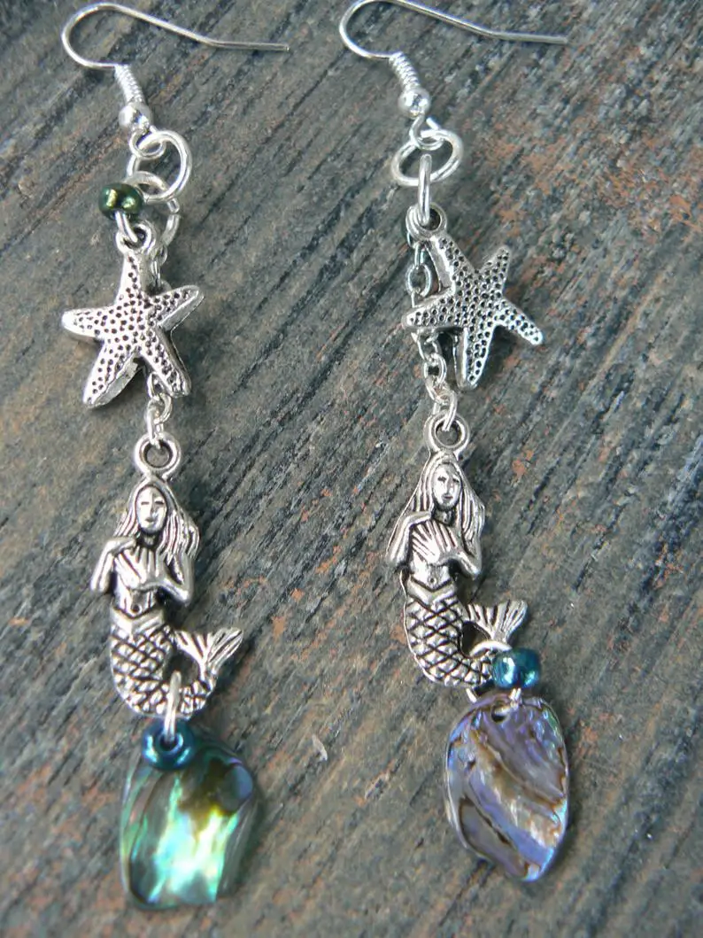 mermaid abalone starfish earrings mermaid siren earrings in boho gypsy hippie hipster beach resort earrings