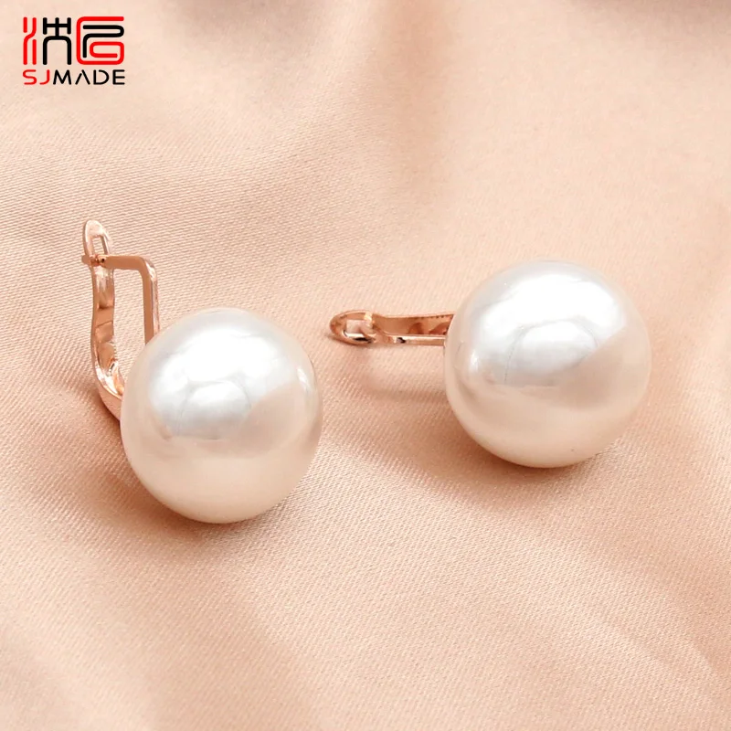 SHENJIANG New Fashion Elegant Bread Round Big Pearl Dangle Earrings 585 Rose Gold Color Eardrop For Women Wedding Party Jewelry