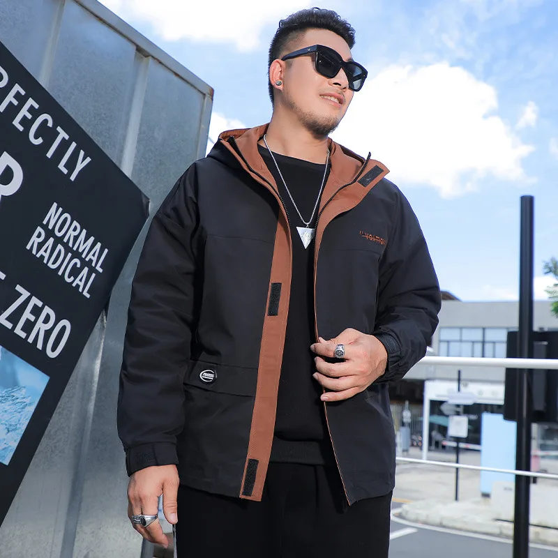 8305 Trendy Men Hooded Jacket Loose Casual Simple Durable Black Outwear Fashion Zipper Fly Daily Color Contrast Cool Youth Coat