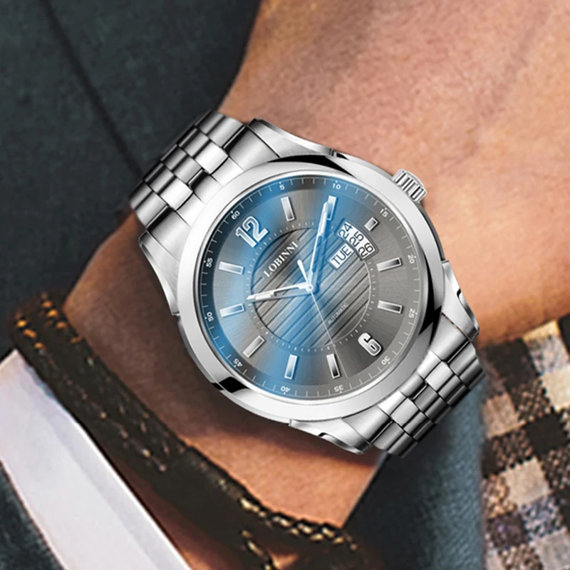 LOBINNI العلامة التجارية الفاخرة الرجال ساعة الرجال الياقوت الزجاج مقاوم للماء ساعة ميوتا التلقائية الميكانيكية ساعات المعصم ساعة التقويم