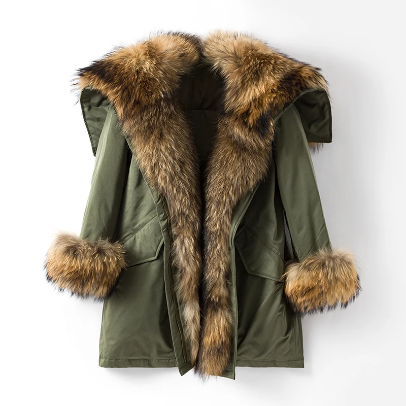 

2020 new Harppihop HIGH QUALITY Real Raccoon Fur Coat Women Fur Parka Army Green Full Pelt Raccoon Fox Fur Coats 6Xl 7Xl