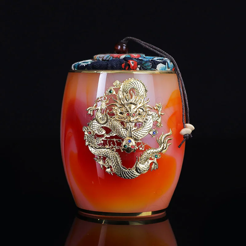 Gold Inlaid Glass Tea Canister Chinese Vintage Creativity Relief Dragon Pattern Tea Storage Portable Mini Seal Grain Dispenser