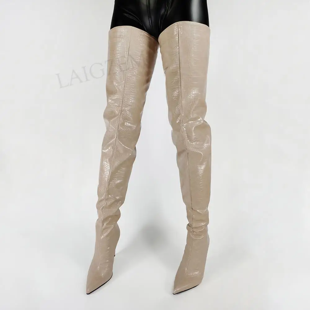 LAIGZEM Women Crotch High Boots Back Zip Thin Stiletto High Heels Boots Over Knee Party Prom Shoes Woman Large Size 41 44 46 47