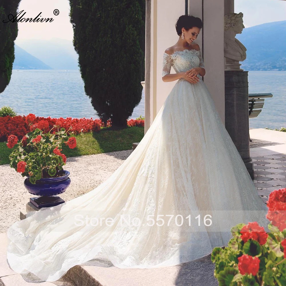 Alonlivn Elegant Lace A-Line Wedding Gowns Boat Neck Delicate Off The Shoulder Half Sleeves Bridal Dresses