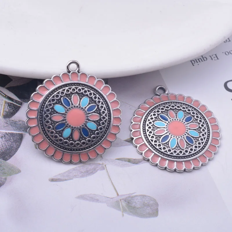 12pcs/lot 30*27mm  Alloy Ancient Silver plated Round Enamel Charms Ear Pendant DIY Bohemian Style  Jewelry Earring Components