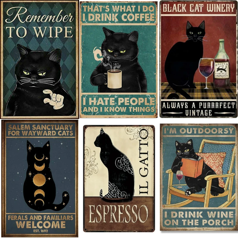 Funny Black Cat Pet Animal Cartoon Metal Tin Sign Vintage Abstract Wall Art Canvas Painting Wall Poster Print Picture Room Decor