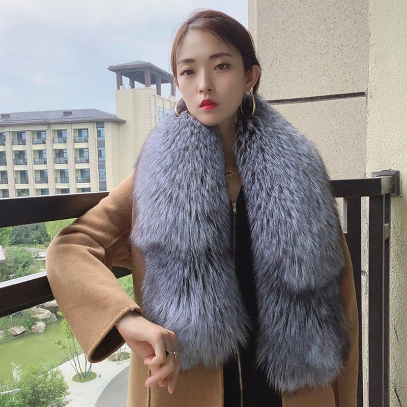 

Women Natural 100% Real Fox Fur Scarf Winter Warm Silver Fox Collar Luxury Scarves Genuine Whole Skin Big Shawl Decorate Wrap