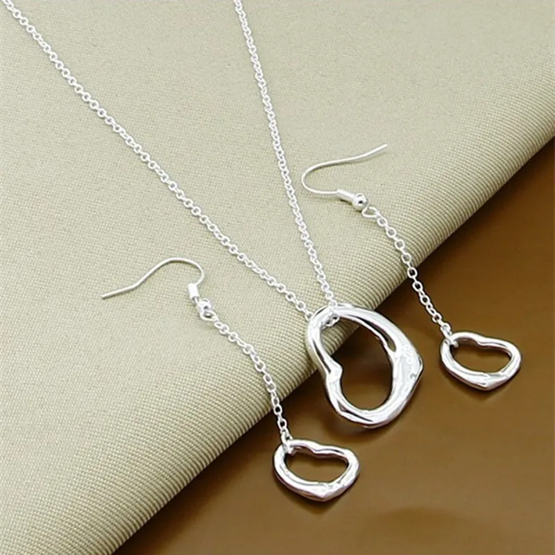 Silver 925 Set Wedding Jewelry Set Charm Heart Pendants Necklace Long Earring Bracelet For Women Wedding Party Gift