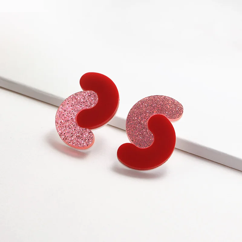 Pendientes geométricos de color rojo y rosa para mujer y niña, aretes de medio círculo con purpurina en polvo acrílico, joyería de moda, regalos