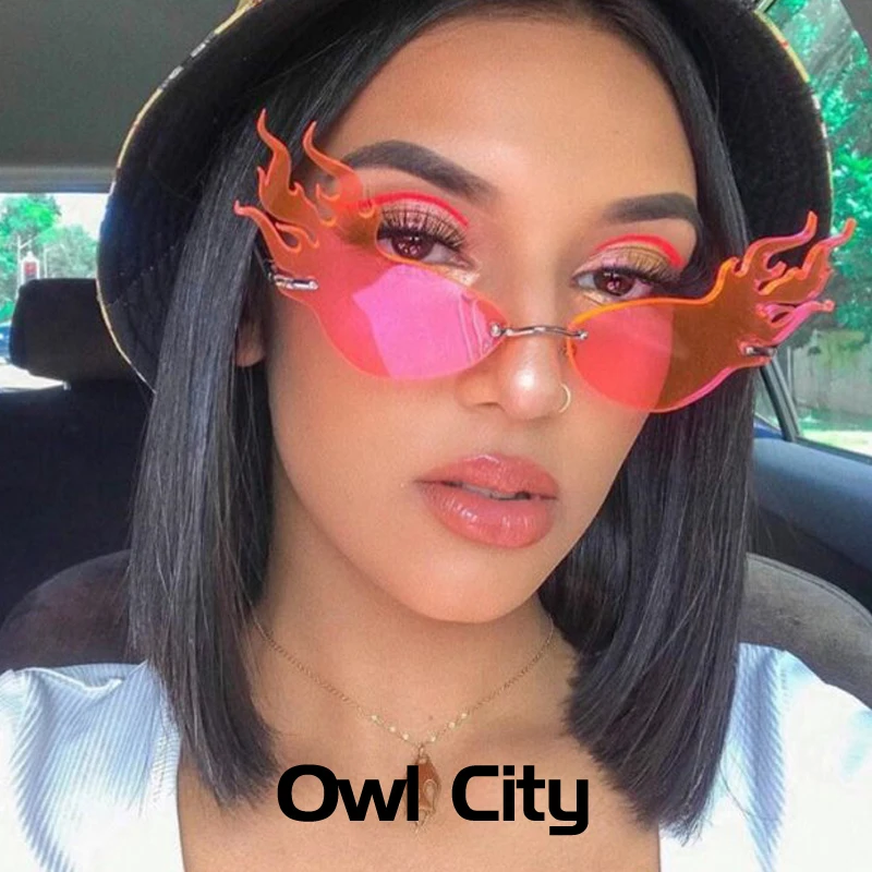 New Fire Flame Sunglasses Women Men Rimless Cat Eye Sun Glasses Luxury Brand Designer Eyewear Big Hollow Shades Streetwear