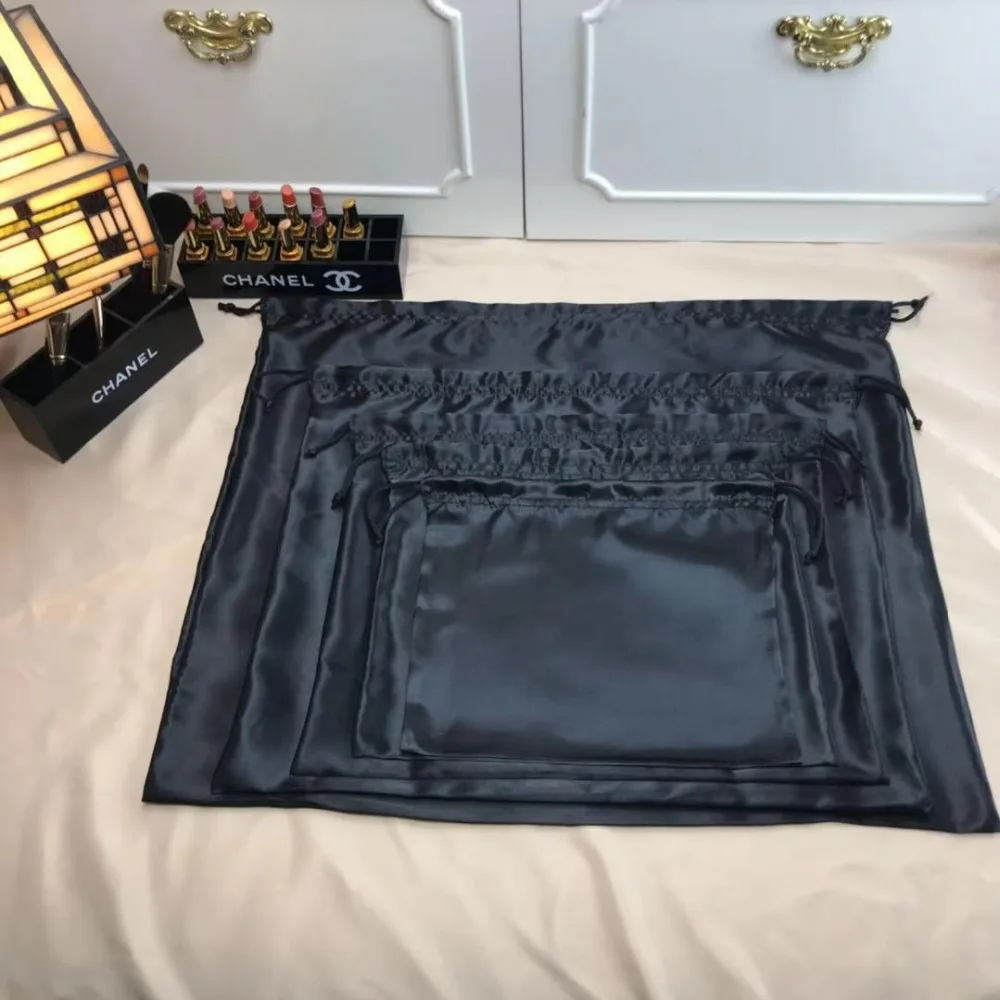 Large Silk Satin Drawstring Care Bag Custom Wigs Storage Dust Proof Packaging Pouch Black Reusable Sack Handbag Shoes Travel Bag