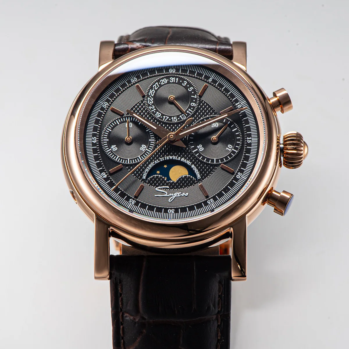 Sugess Pilot Chronograph Mechanical Watches Men Waterproof Original ST1908 Movement Moon Phase Calendar Wristwatch Swanneck 2022