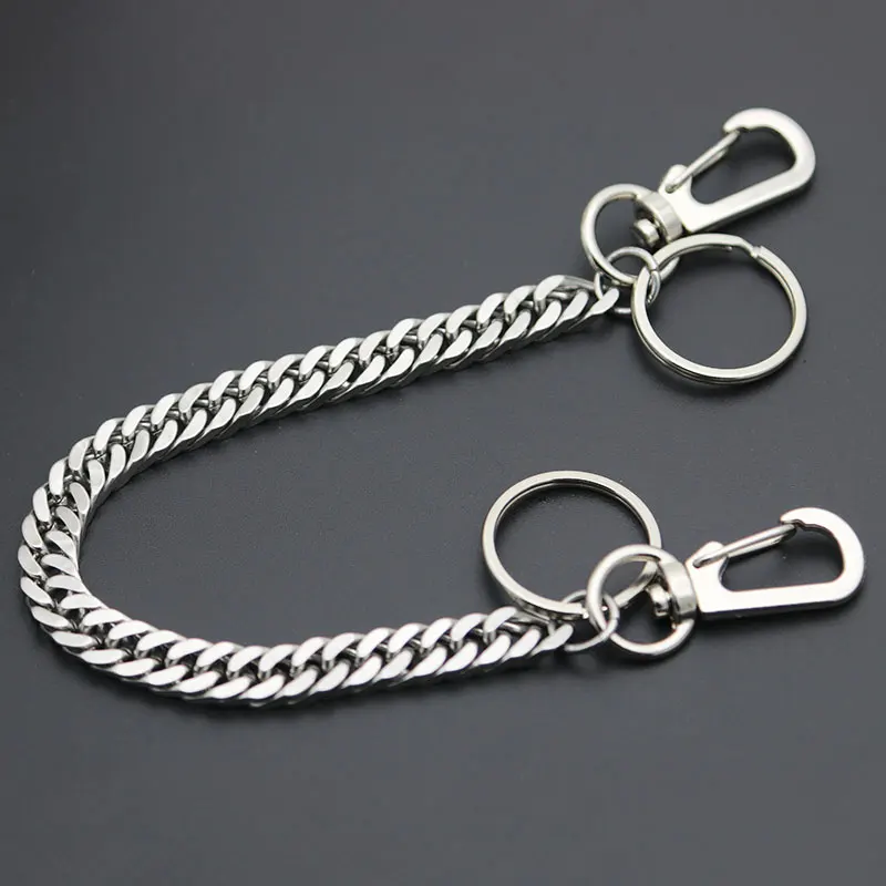 Flat Necklace Metal Wallet Chain Leash Pant Jean Keychain Ring Clip Men\'s Hip Hop Flat Stainless Steel Jewelry