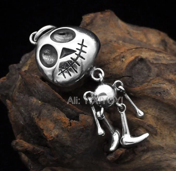 925 Sterling Silver Extra-Terrestrial Skull Punk Hip Hop Pendant Turnable Body Rope Necklace Rock S925 Thai Silver  Jewelry