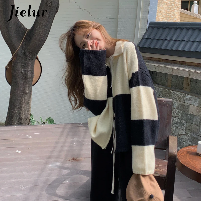 Jielur Creative Double Zipper Women Sweaters Winter Fashion Spell Color Checkerboard Knitted Sweater Female Cardigan Jacket Warm