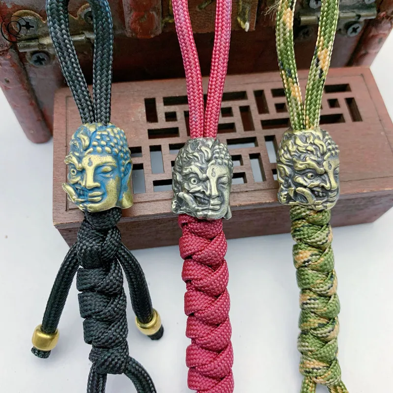 EDC Outdoor Umbrella Rope Pendant Brass Buddha Hades Head Knife Bead Red Copper DIY Bracelet Accessory Keychains Lanyard Hanging