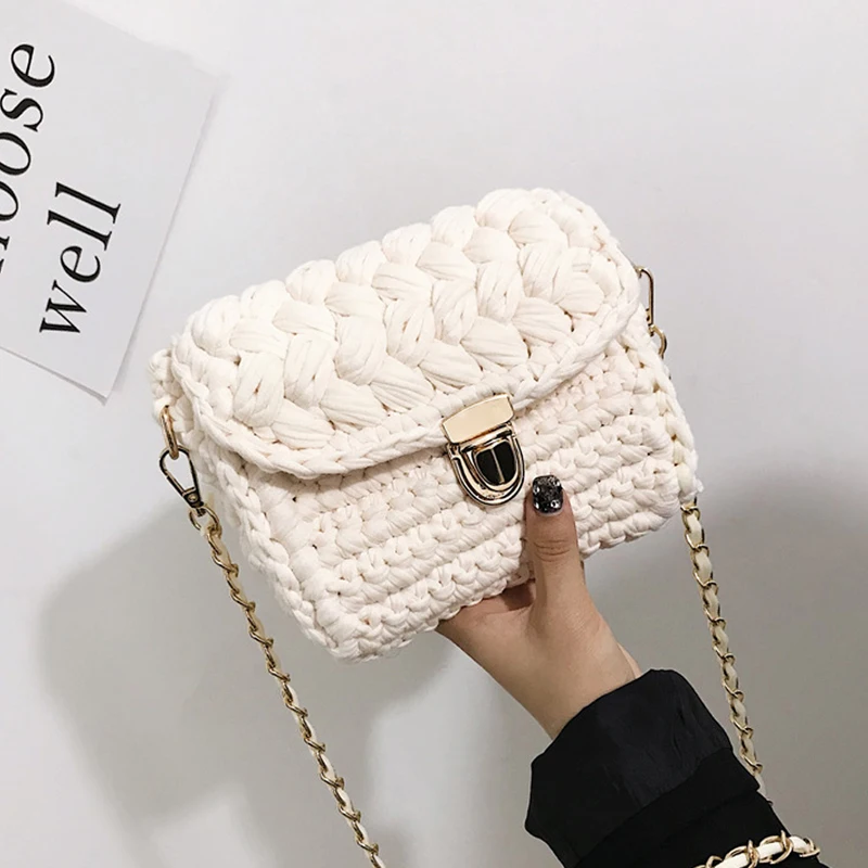 Casual Solid Hand-woven Square Women Bags Cotton Handmade Crochet Women\'s Shoulder Bag Chains Lock Crossbody Bags For Women 2020