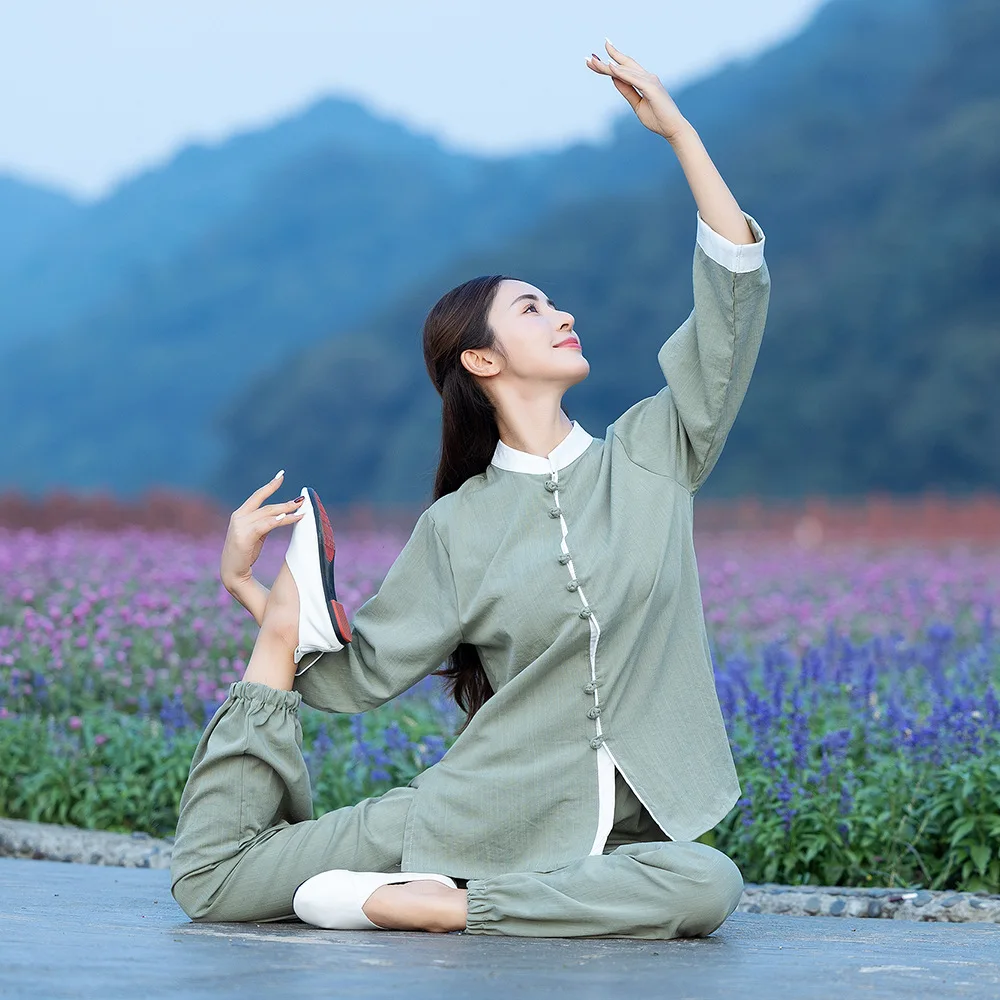 Tai Chi garnitur kobiety nowa wiosna jesień bawełna i len Zen herbata ubrania strój do jogi akrobatyka dwuczęściowa odzież Kungfu