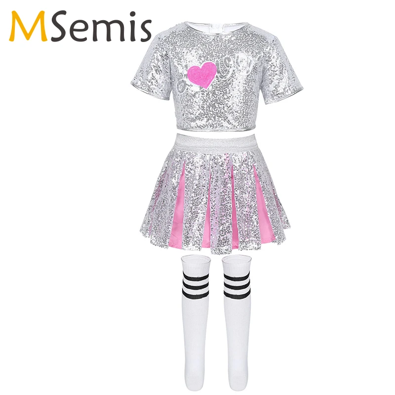 Girls Sequins Jazz Dance Costume Dancewear Sparkling Sequined Hip Hop Girls Modern Ballroom Dance Cheerleading Costumes Child