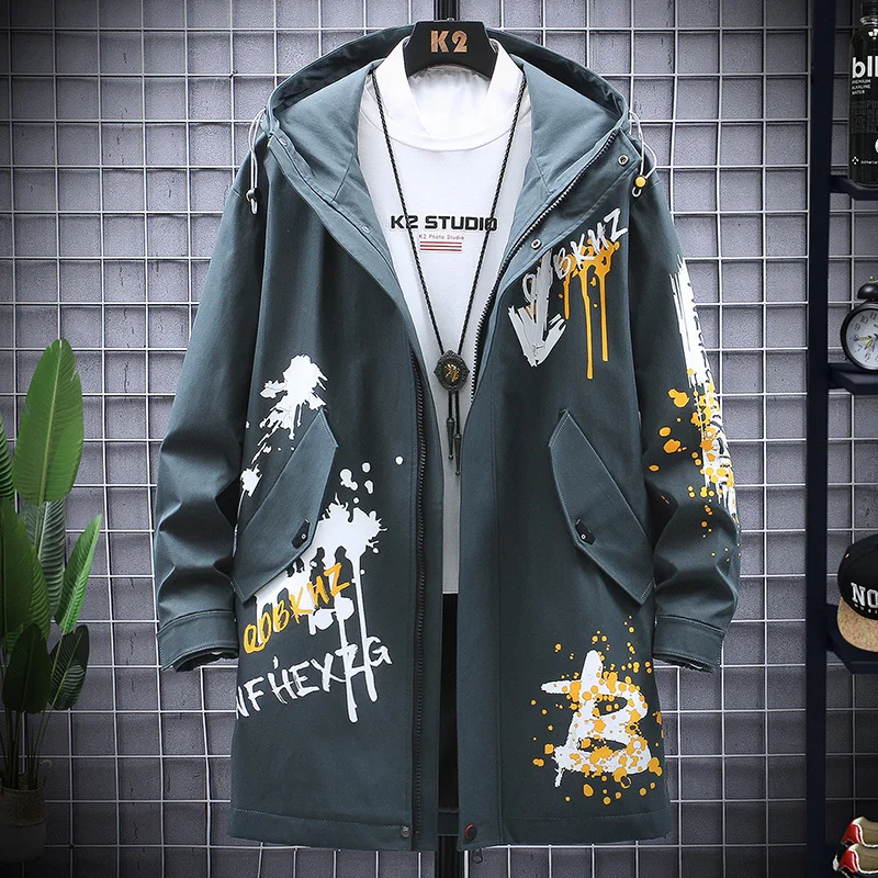 

Pop Korean Men's Windbreaker Jackets Men Long Trench Coat Printed Cardigan Casual Hooded Coats Male 3 Color M-3XL