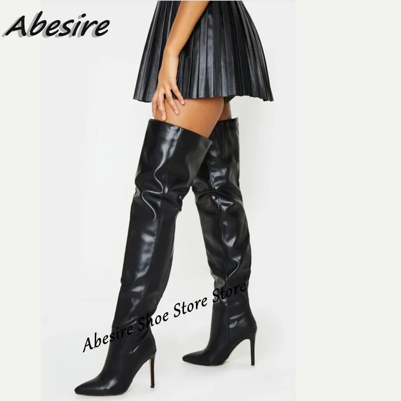 

Abesire Long Black Boots Concise Pleated Slip On Toe Thigh High Boots Thin High Heel Women Boots Solid New Autumn Winter Shoes