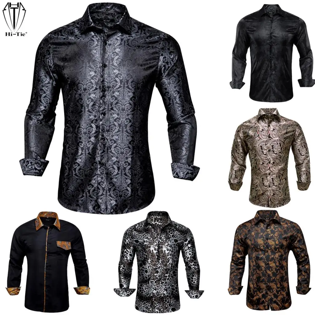 Hi-Tie High Quality Silk Mens Shirts Long Sleeve Black Brown Paisley Floral Shirt Slim Fit For Men Male Dress Jeans Suit Wedding