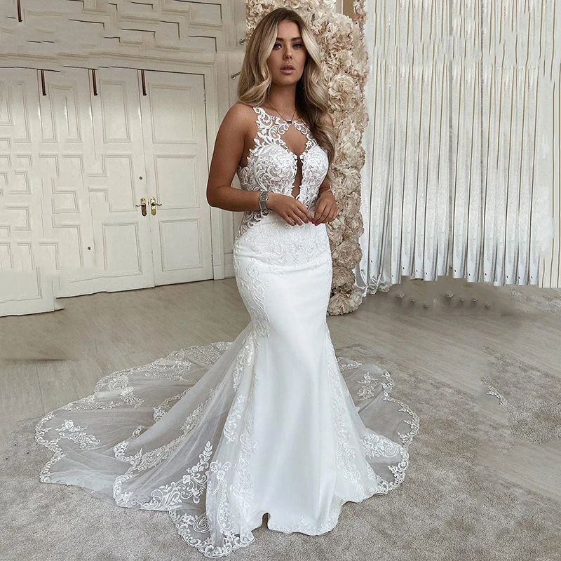 Vestidos De Novia De sirena con espalda abierta, traje De Novia con apliques De encaje, talla grande, 2024